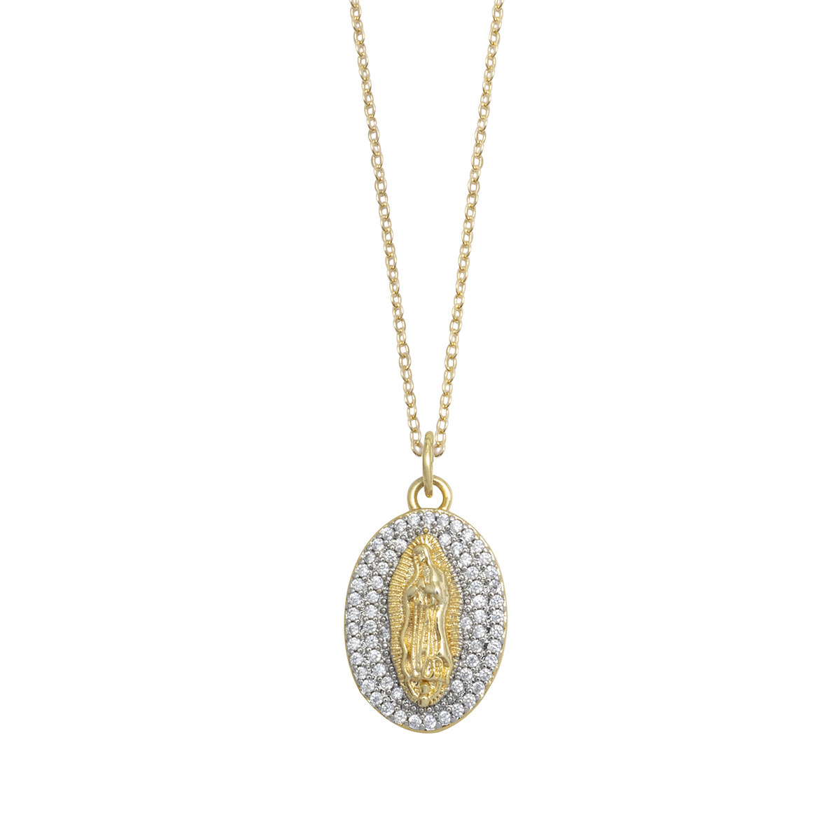 Medalla De La Virgen En Plata .925 Con Cubic Cz Acabado Dorado, Religiosa .925 image number null