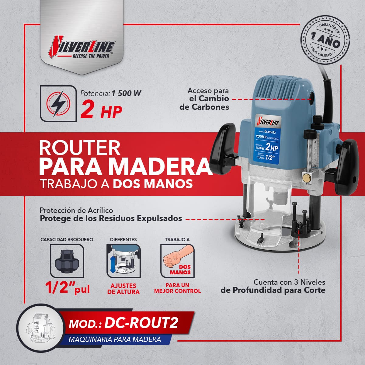 Router 2HP Silverline+ Juego de 8 Brocas image number null