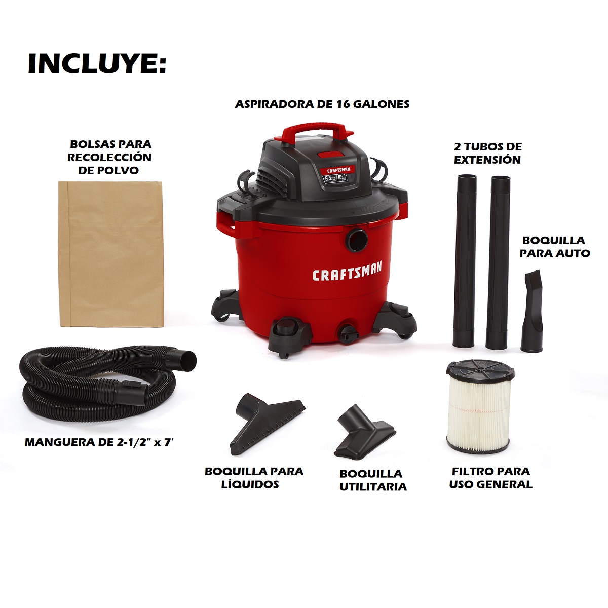 Aspiradora de 16 Galones y 6.5 HP para Seco y Mojado Mod. CMXEVBE17595 Craftsman image number null