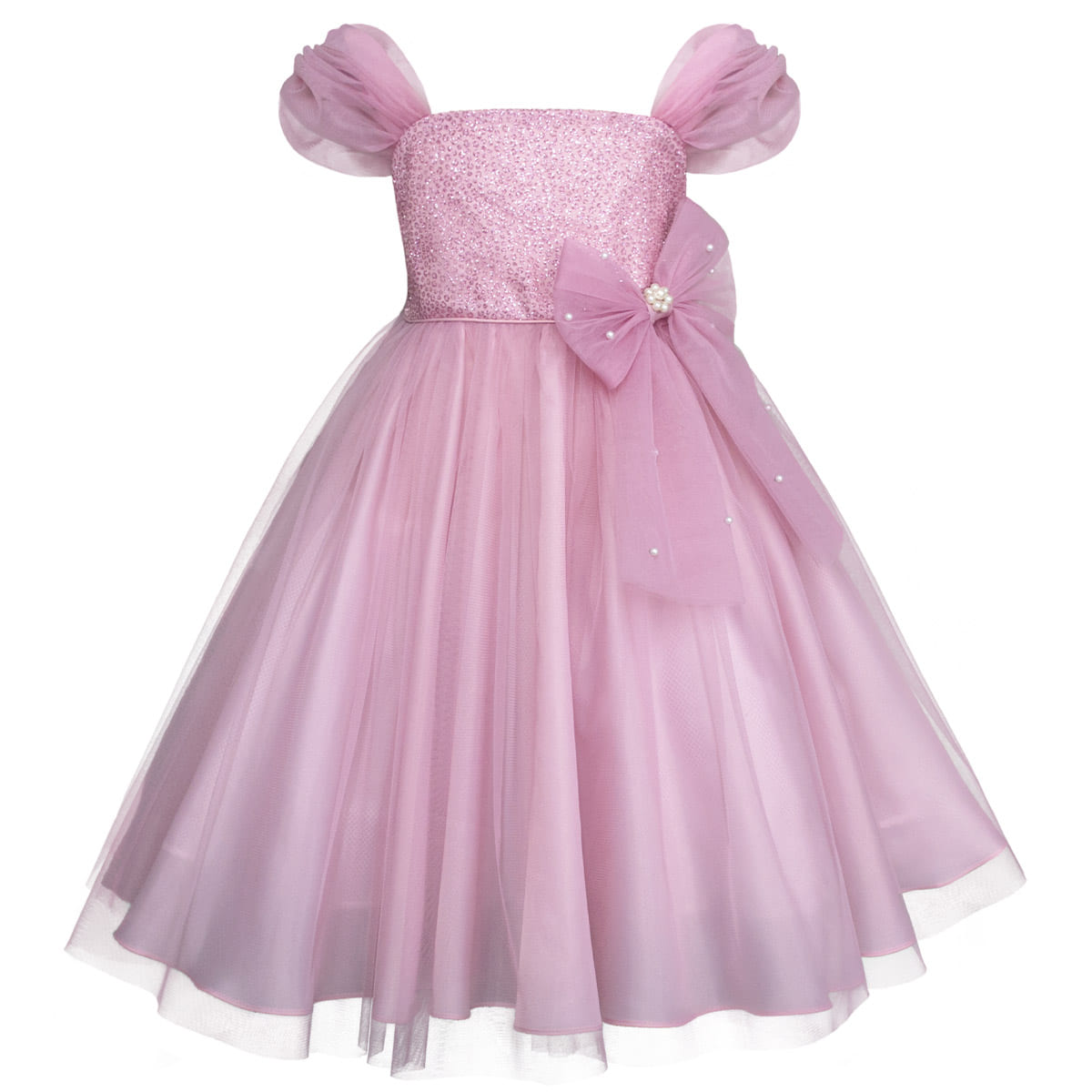 Vestido con Manga Ca&iacute;da de Tul y Mo&ntilde;o en Cintura Gerat para Ni&ntilde;a image number null