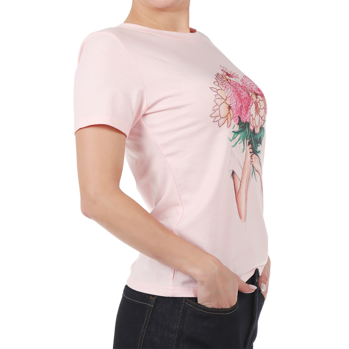 Playera Estampado Flores y Hot Fix Studio Si para Mujer image number null